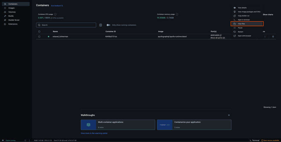 A screenshot of the container in Docker Desktop, with the View Files option highlighted from the three dot menu
