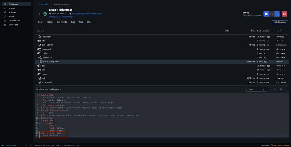 A screenshot of the configuration file in Docker Desktop, highlighting the new contents to enable PQs
