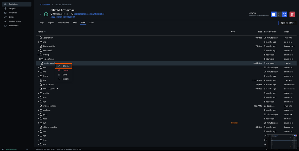 A screenshot of the configuration file in Docker Desktop, highlighting the Edit file button