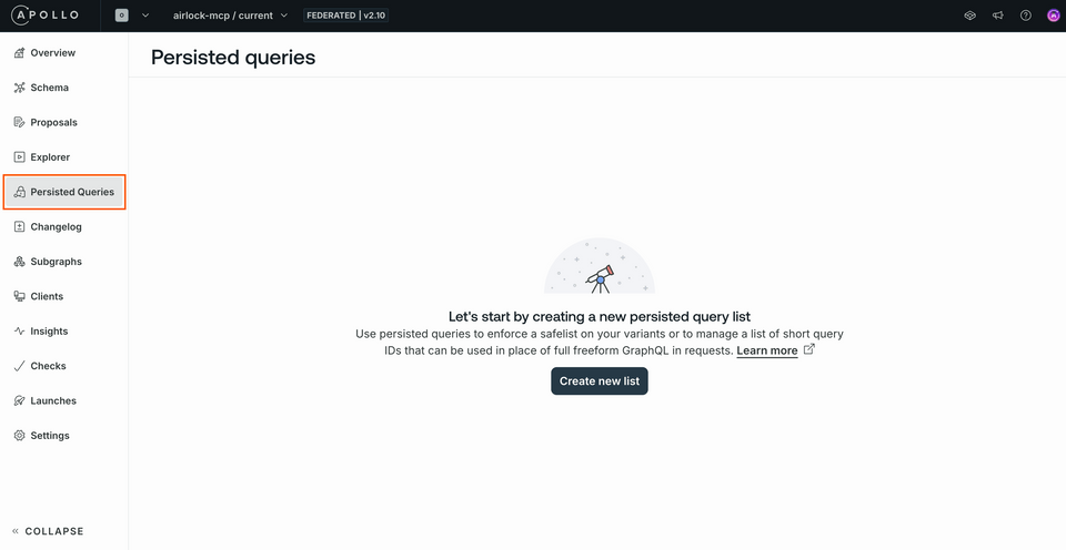 A screenshot of the persisted queries page in Studio