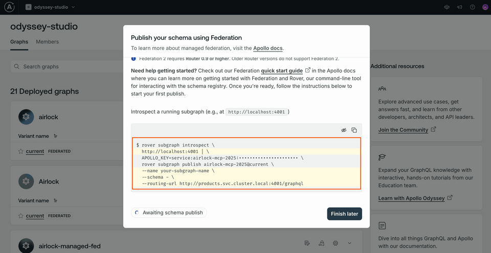 A screenshot of the graph creation modal, highlighting the introspect and publish command