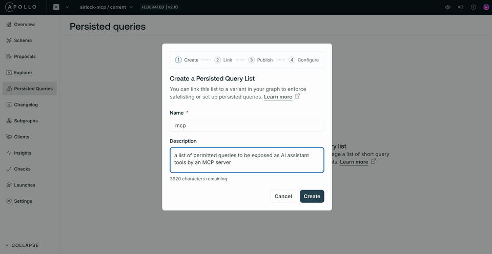 A screenshot of the persisted queries list creation modal