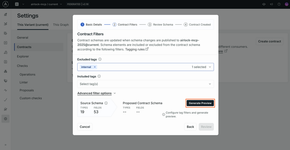 The contract filters modal, highlighting the Generate Preview button