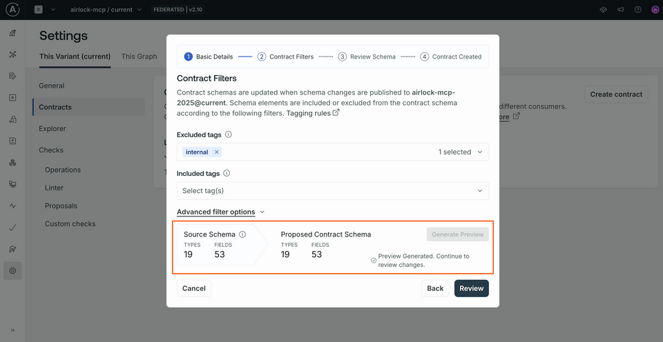The contract filters modal, highlighting the schema preview without any differences