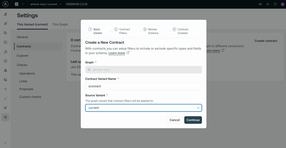 A screenshot of Studio, with the Create contract modal opened and the details filled in