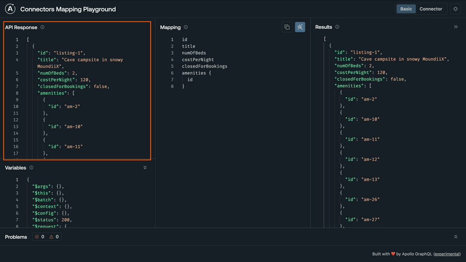 The API Response panel highlighted, where default data has been populated