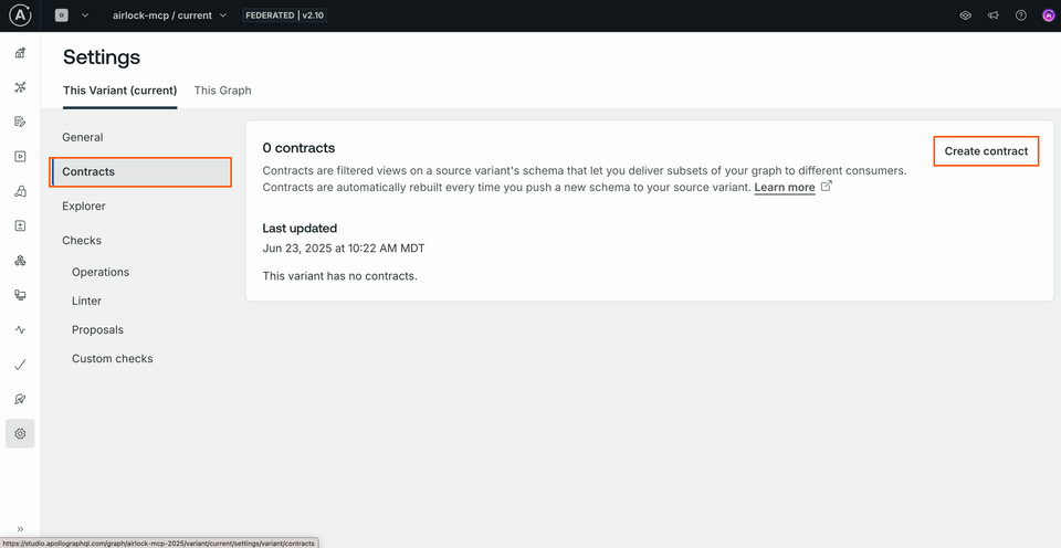 A screenshot of Studio, highlighting the Contracts menu option as well as the Create contract button