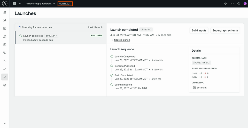 The Launches page in Studio, highlighting the Contract variant we're on