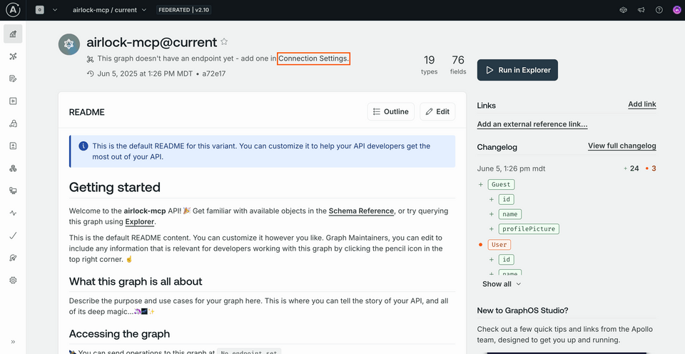 A screenshot of the Connection Settings link highlighted on the graph's homepage