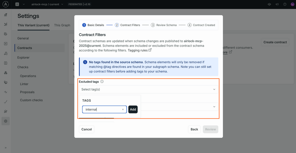 A screenshot of Studio, showing the "internal" tag being added to the excluded list
