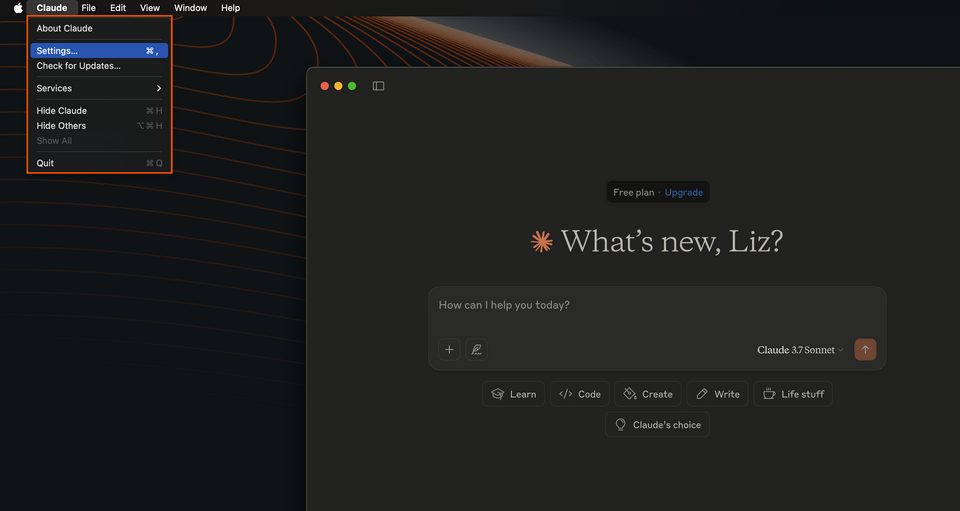 Selecting Settings from the Claude application menu