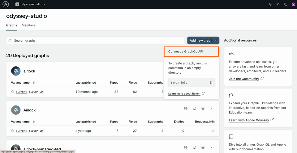 A screenshot of the organization home page, with the dropdown button Connect a GraphQL API highlighted
