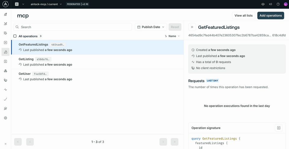 A screenshot of the persisted queries list "mcp" in Studio, with three new operations