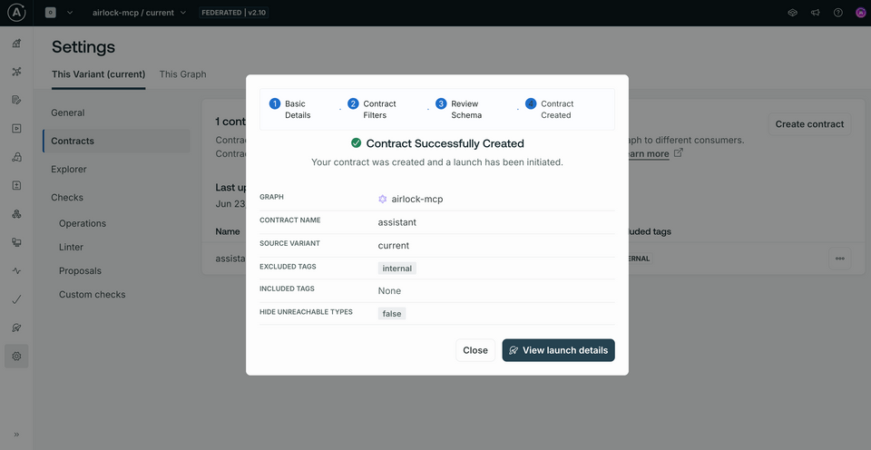 A screenshot of the modal showing contract creation success