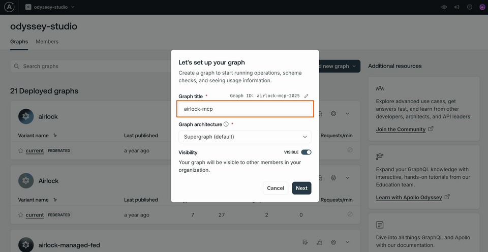 A screenshot of the organization home page, with the graph creation modal opened
