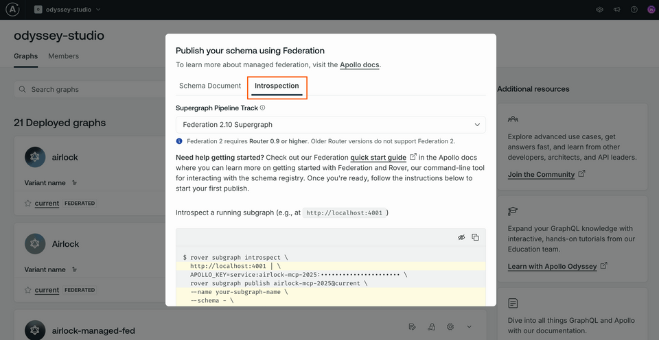 A screenshot of the graph creation modal, highlighting the Introspection tab